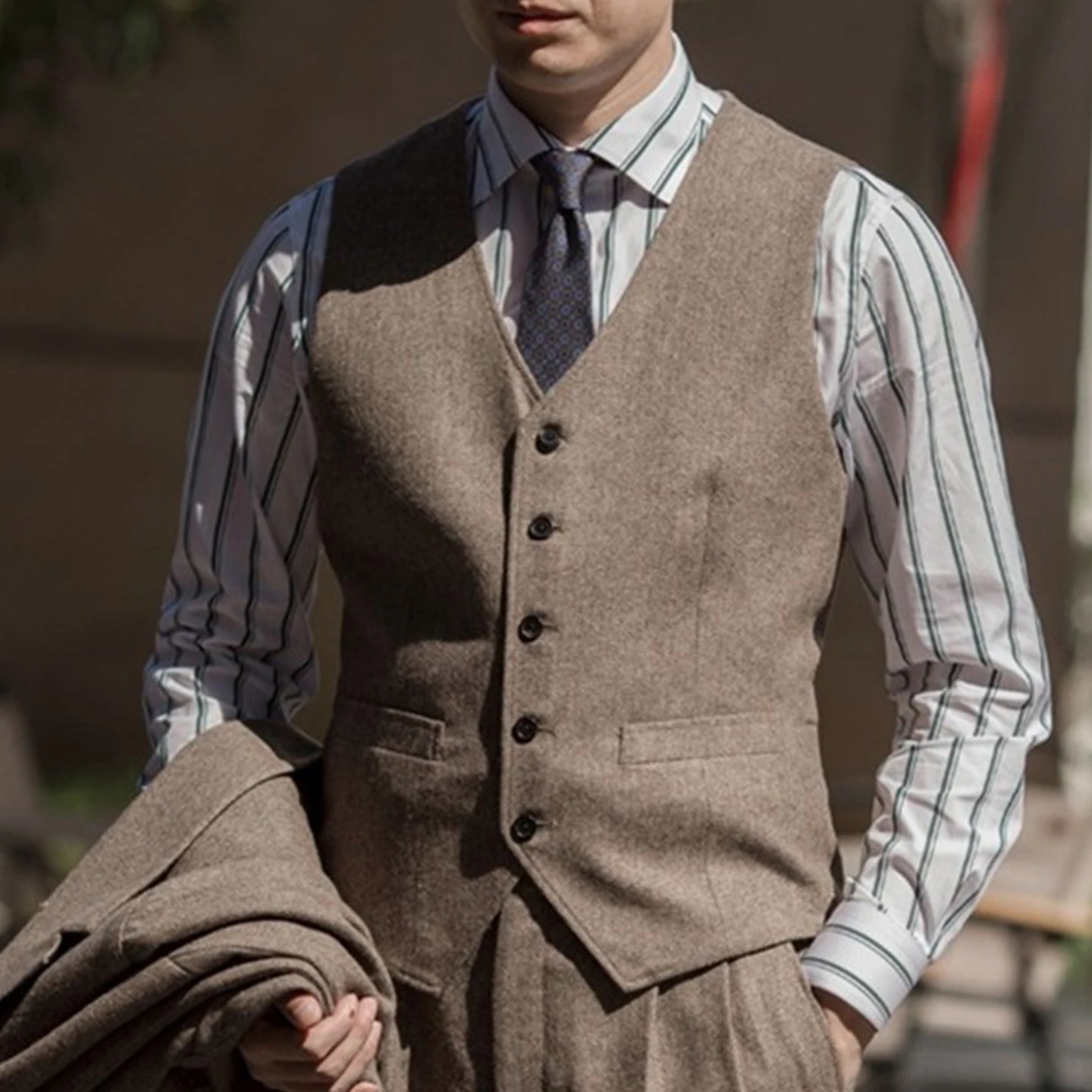 Шерстяной твидовый жилет цвета хаки в стиле ретро с узором «рыбий кости», мужской деловой повседневный приталенный костюм, жилет, жилет