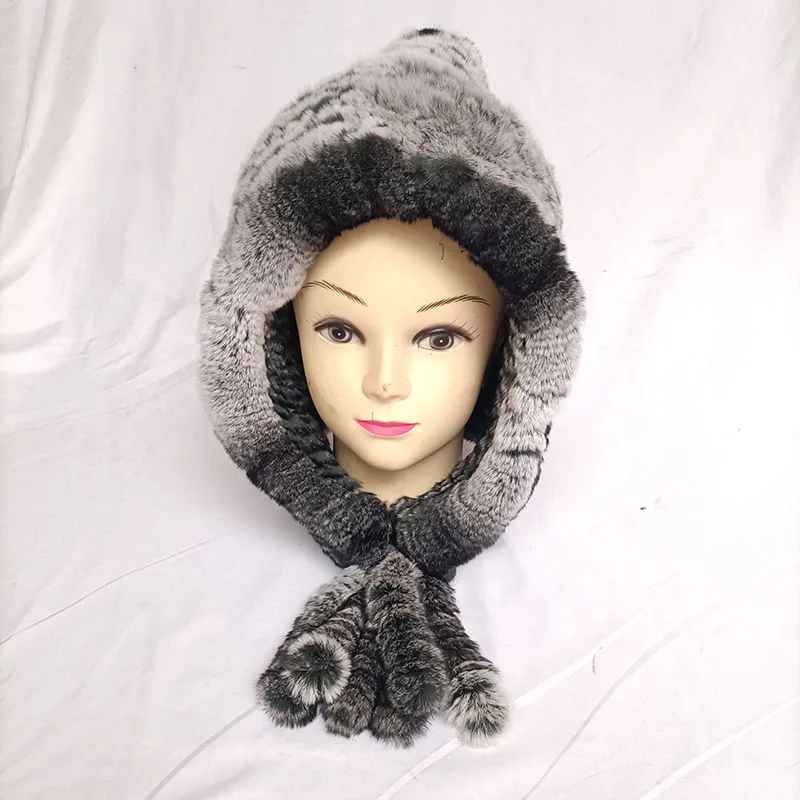 

Women Thick Winter Knitted Rex Rabbit Fur Bombers Hat With Fox Fur Pom Pom Female Warm Soft Genuine Fur Caps With Earmuff