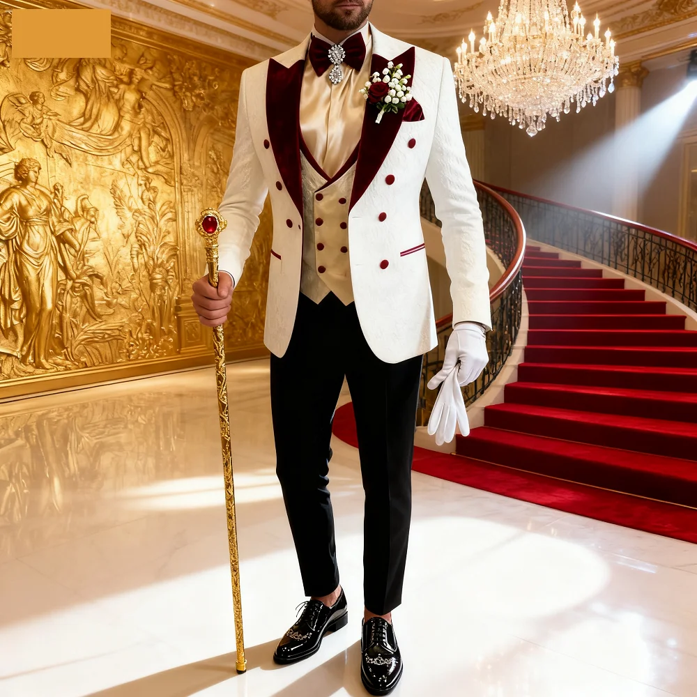 

Men's Floral Wedding Tuxedo 3-Piece Set Double Breasted Jacket with Vest Peak Lapel Groom's Fashion Suit Male Wedding Attire