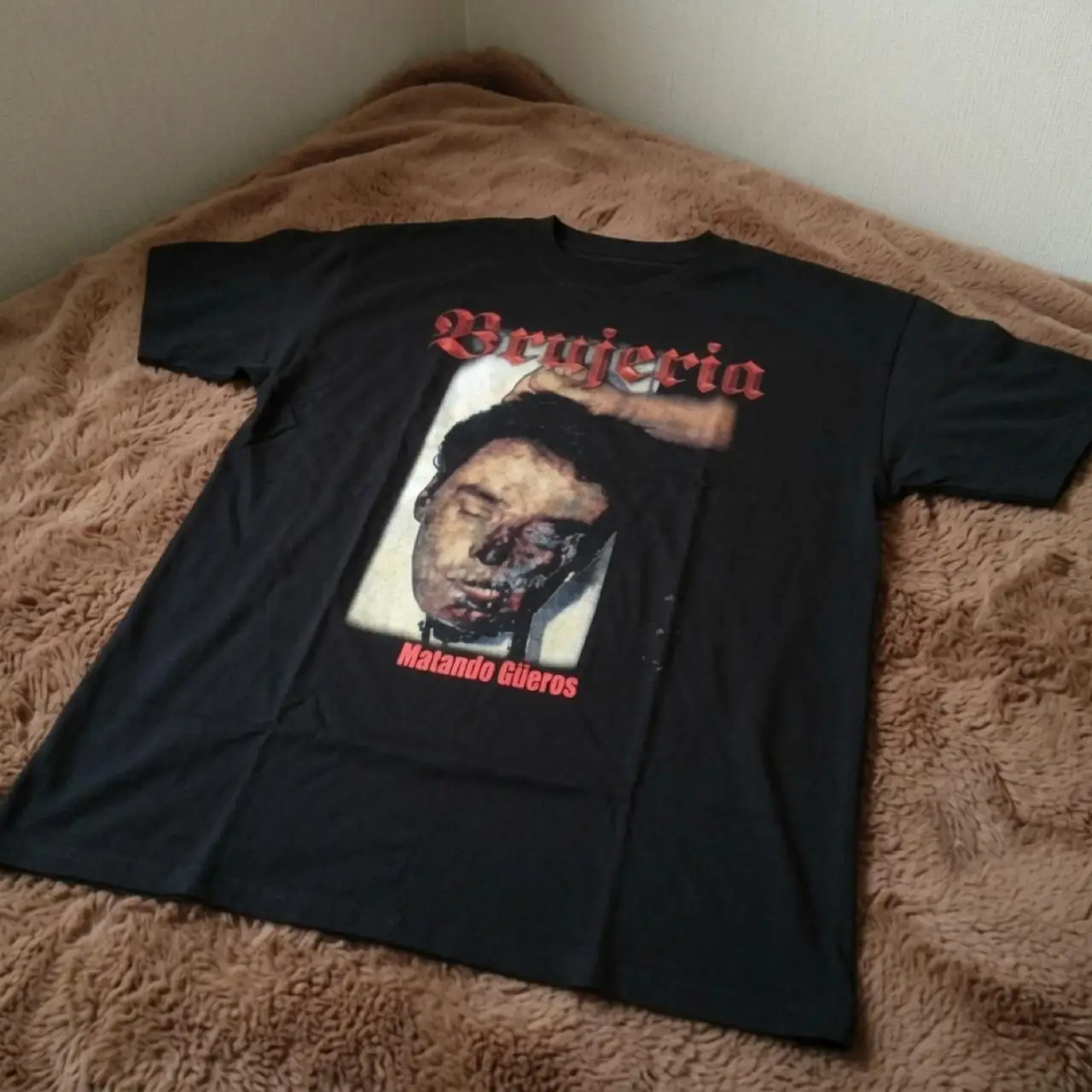 Brujeria Matando Gileros Black T-shirt with A Man's Face Print, Red Text, Metallic Death Metal, Black T-shirt. Loose Casual
