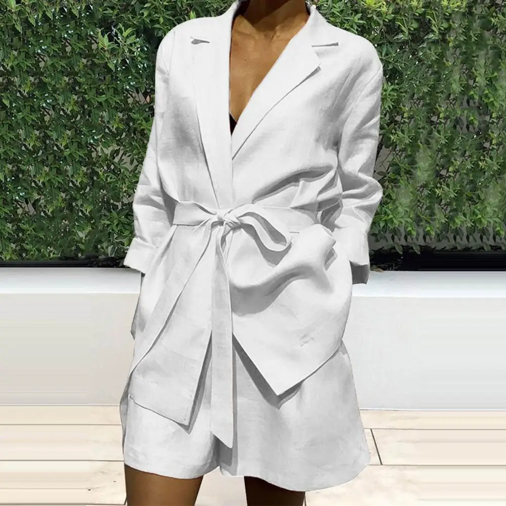 Women Shirt Shorts Set Lapel Open Stitch Notch Collar Blazer Shorts Set Plus Size with Belt Autumn Coat Shorts Spring Outfit 80