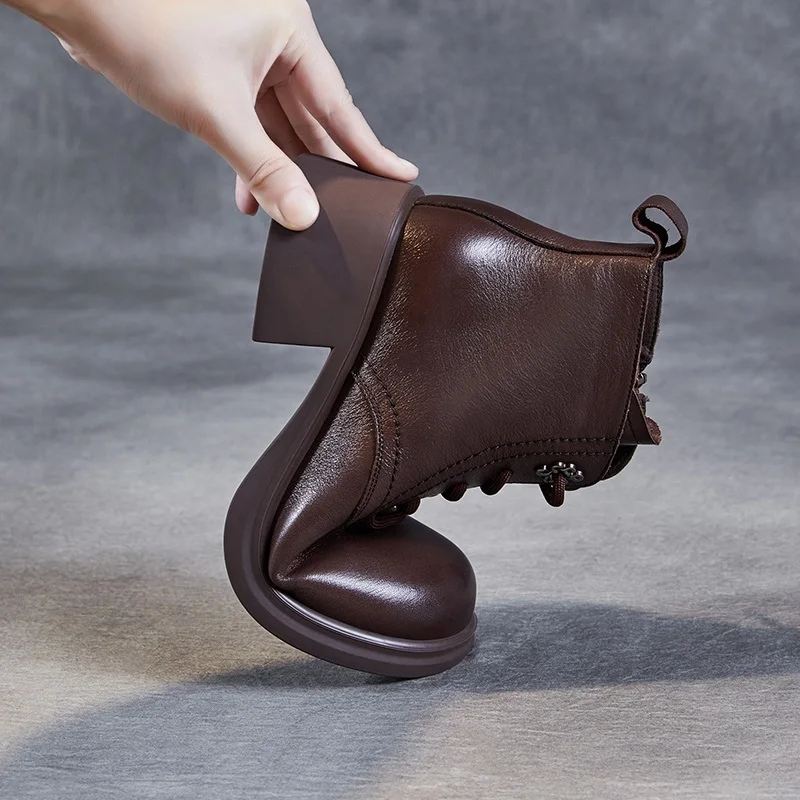 DRKANOL Fashion Autumn Winter Warm Ankle Boots For Women Genuine Cow Leather Thick Heel Lace-Up Zipper Comfort Trend Short Boots