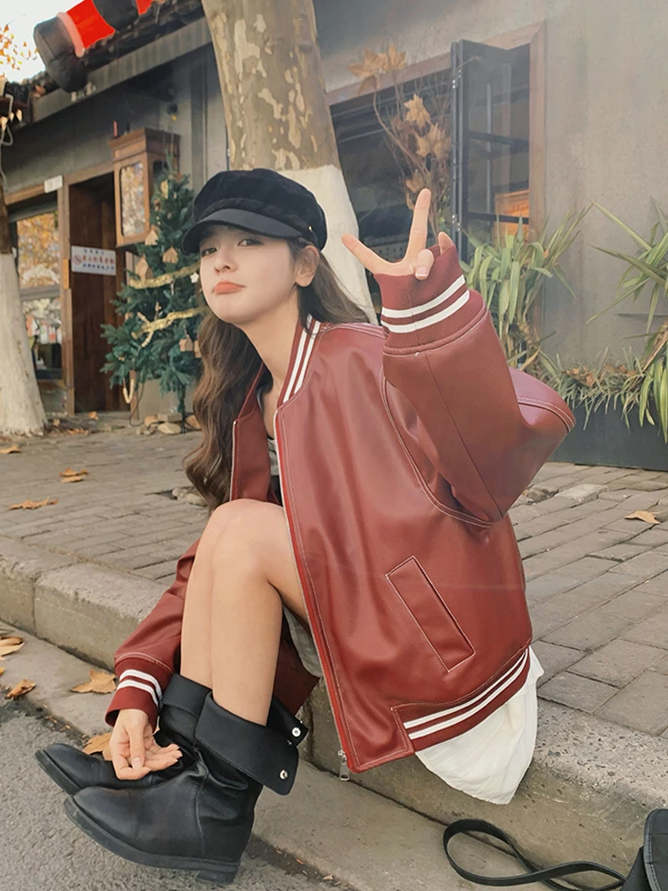 American Sle Streetwear Red Leather Jaet Damen Casual Ort Länge Cool Sle Frühling Herbst Baseball orm Ledermantel