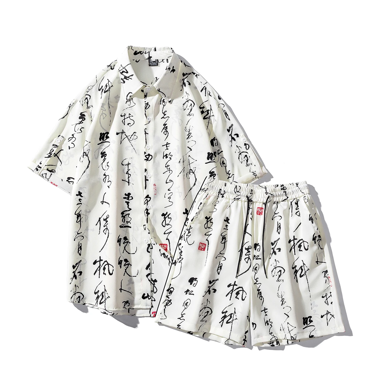 2026 Summer Men Casual Calligraphy Print Sets Men Short Sleeve Shirt+Shorts Set Male Retro Hong Kong Style Beach Shorts Home Set