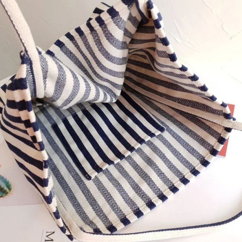 Large Capacity Canvas Women Shopper Tote Simple Striped Shoulder Bag Female Casual Multifunctional Travel Top-handle Handbag