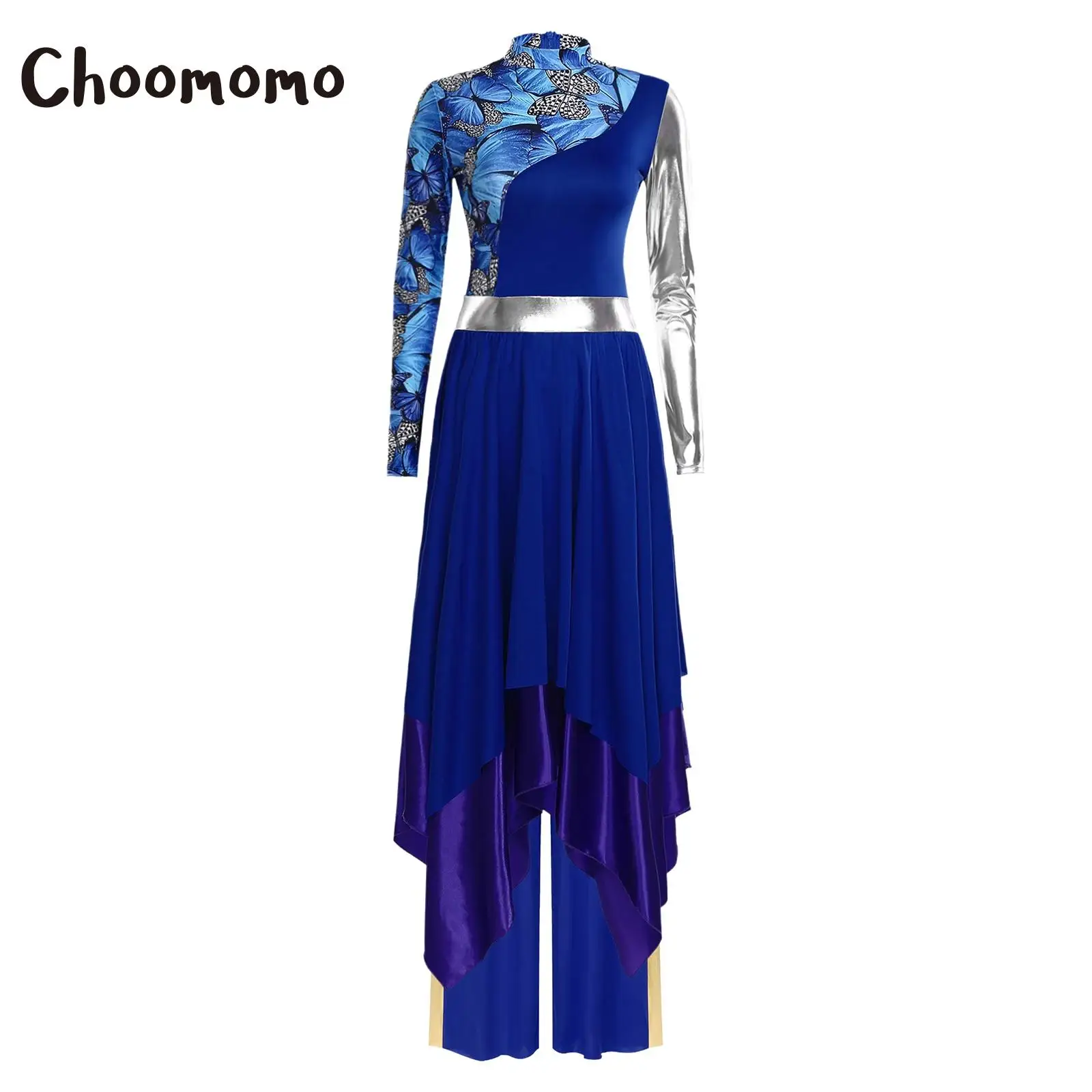 

Womens Liturgical Praise Dance Dress Long Sleeve Irregular Hem Printed Choir Church Dress with Wide Leg Pants Stage Performance