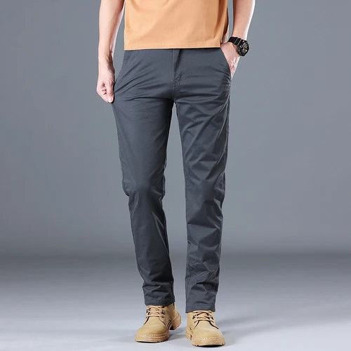 Imagen 2 del producto 2024 pantalones casuales clásicos de algodón puro de alta calidad para hombre, pantalones casuales de Color sólido, pantalones rectos ajustados de algodón elásticos de negocios para hombre