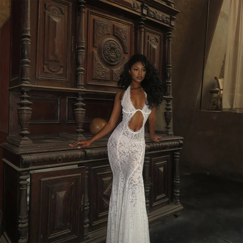 Chic White Lace Hollow-out Halter Dress Women's Sleeveless Off-shoulder Backless Maxi Dresses 2026 Lady New Vacation Beach Gowns