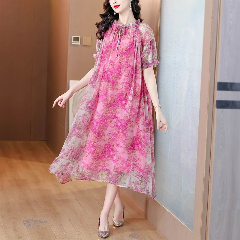 فستان ميدي فضفاض عتيق موديل 2025 فستان صيفي نسائي شيفون فاخر للشاطئ فساتين حريرية أنيقة غير رسمية للحفلات الليلية #3