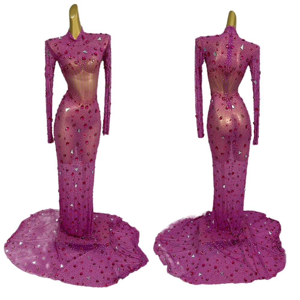 فستان فيستدو دي فييستا شبكي شفاف من خلال الترتر الماسي للولائم المسائية الطويلة حورية البحر فستان العشاء للنساء للحفلات الراقصة فستان البوق