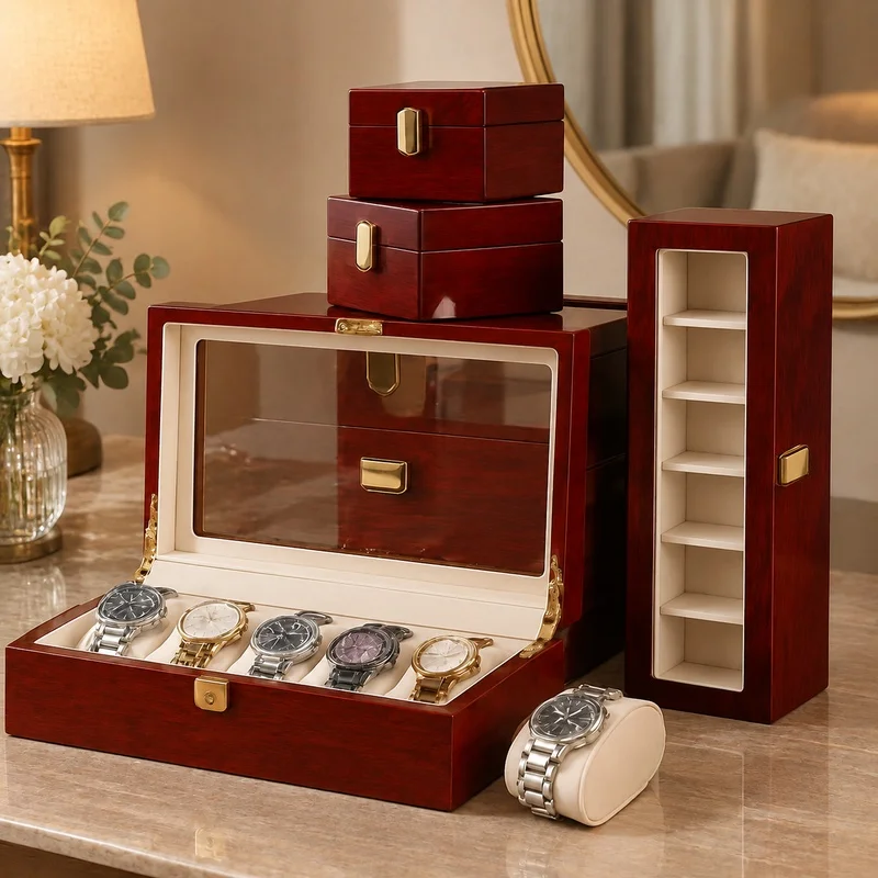 Wooden Jewelry and Watch Organizer with Multiple Slots, Sleek Multi-Section Storage Box for Both Men and Women