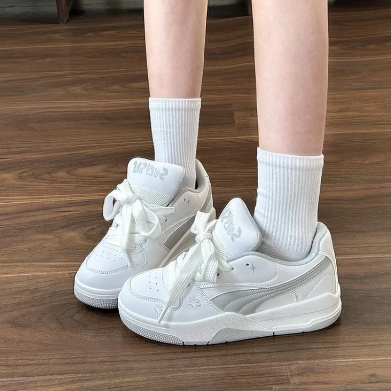 Women ThickPlatform Sneakers, Gray StripeLace‑Up Height‑Increase Board ShoesRound ToeComfortFashion DailyStreet Walking Footwear