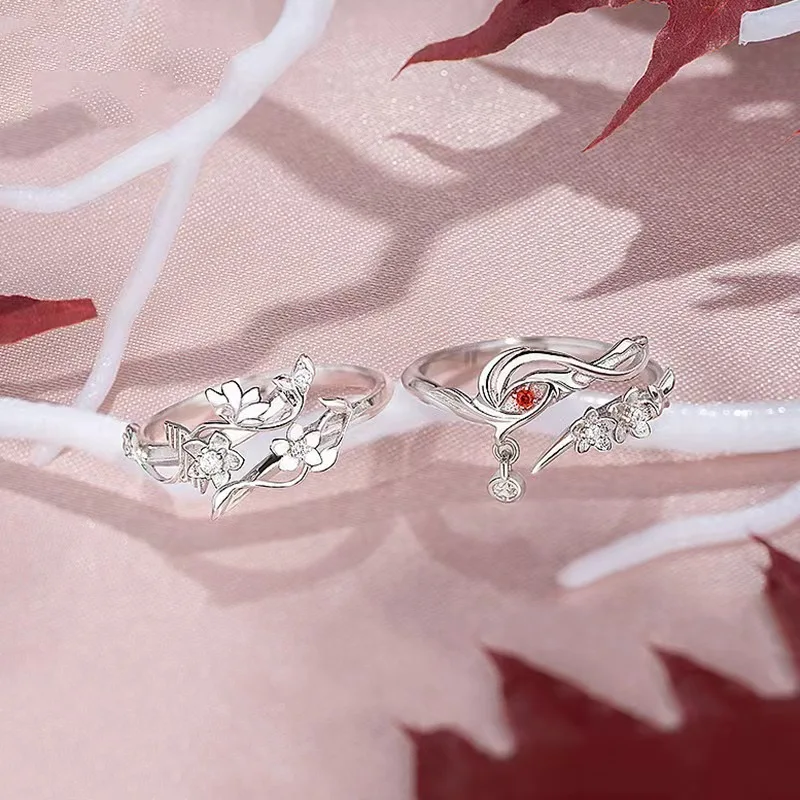 Anime Tian Guan Ci Fu Rings For Lovers Red White Crystal Flower Heaven Official\'s Blessing Opening Rings Jewelry Valentine\'s Day