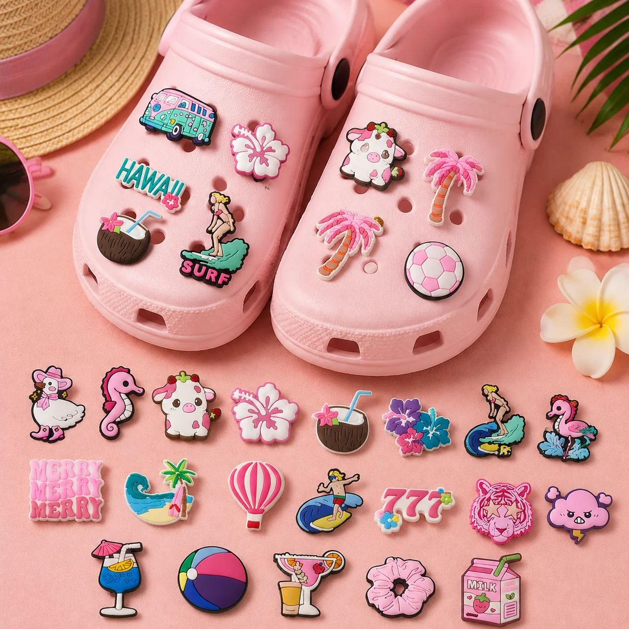 1/25PCS Tropical Beach Theme Shoe Charms Set DIY Decorative Pins Palm Tree Surfboard Flamingo Clogs Accessories for Women Men