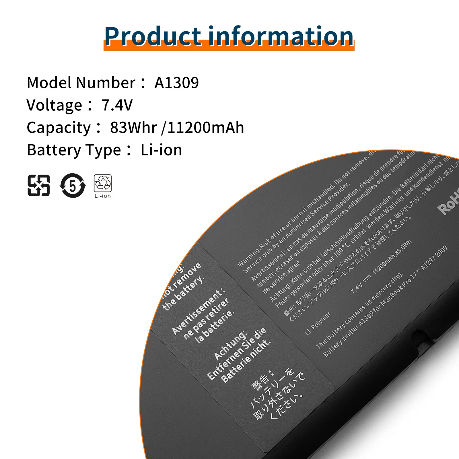 Bateria para Apple MacBook Pro, A1309, 17 ", A1297, início de 2009, meados de 2009, meados de 2010, MC226, A, MC226CH, A, MC226J, A, MC226LL, A, 7,3 V, 95WH