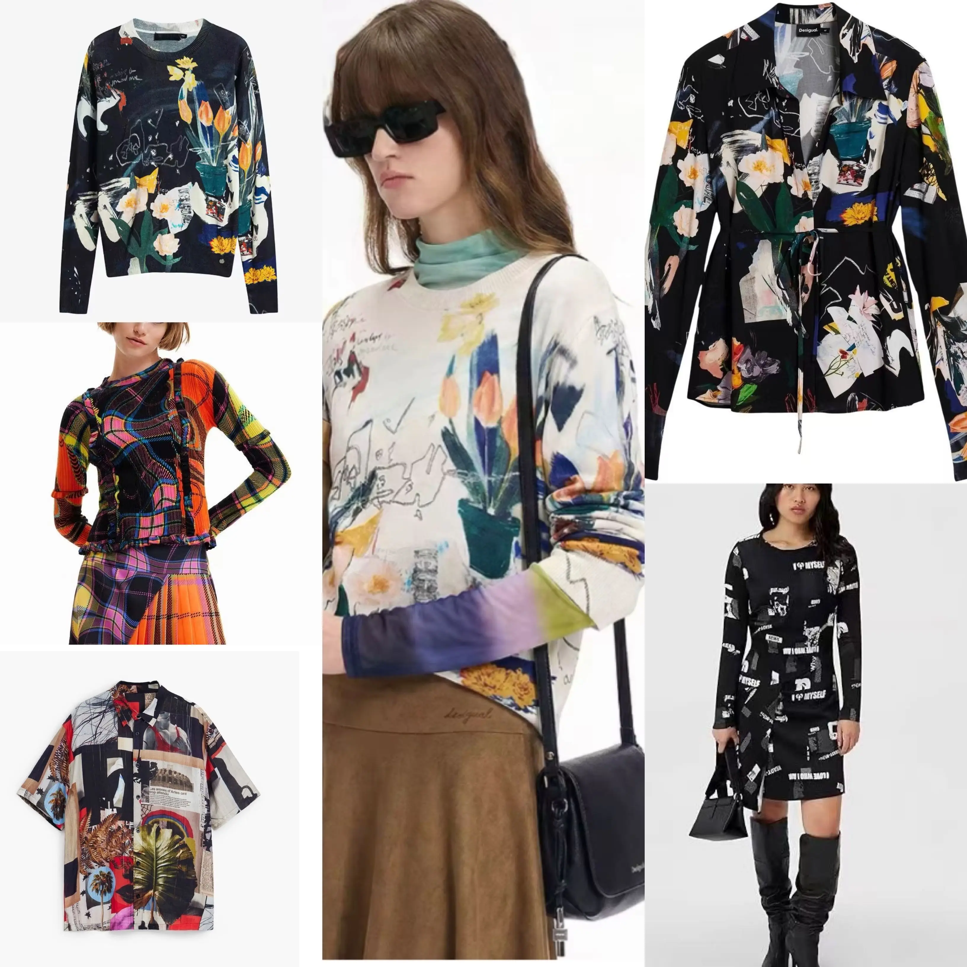 

European and American women's knitted shirt with original print from Spain, long sleeved round neck elastic top, new product