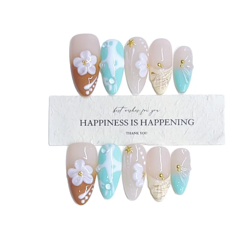

Pure hand-worn nail summer new withered flower hand-painted carved wave temperament cat's eye nail patch