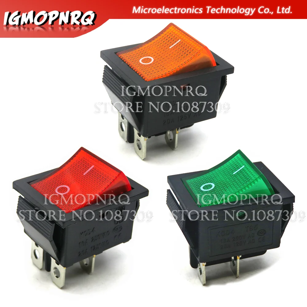 1PCS/lot Power Switch KCD4 4Pin With Light 25x31mm 20A 125VAC 16A 250VAC Rocker Switch 25x31 25*31 ibuw igmopnrq