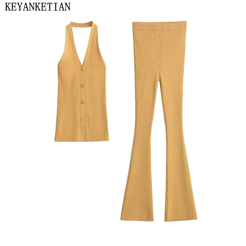 

KEYANKETIAN 2024 New Launch Stylish Sexy Slim Halterneck Knit Vest Elastic Waist Knitted Flare Pants Women's Two Pieces Sets