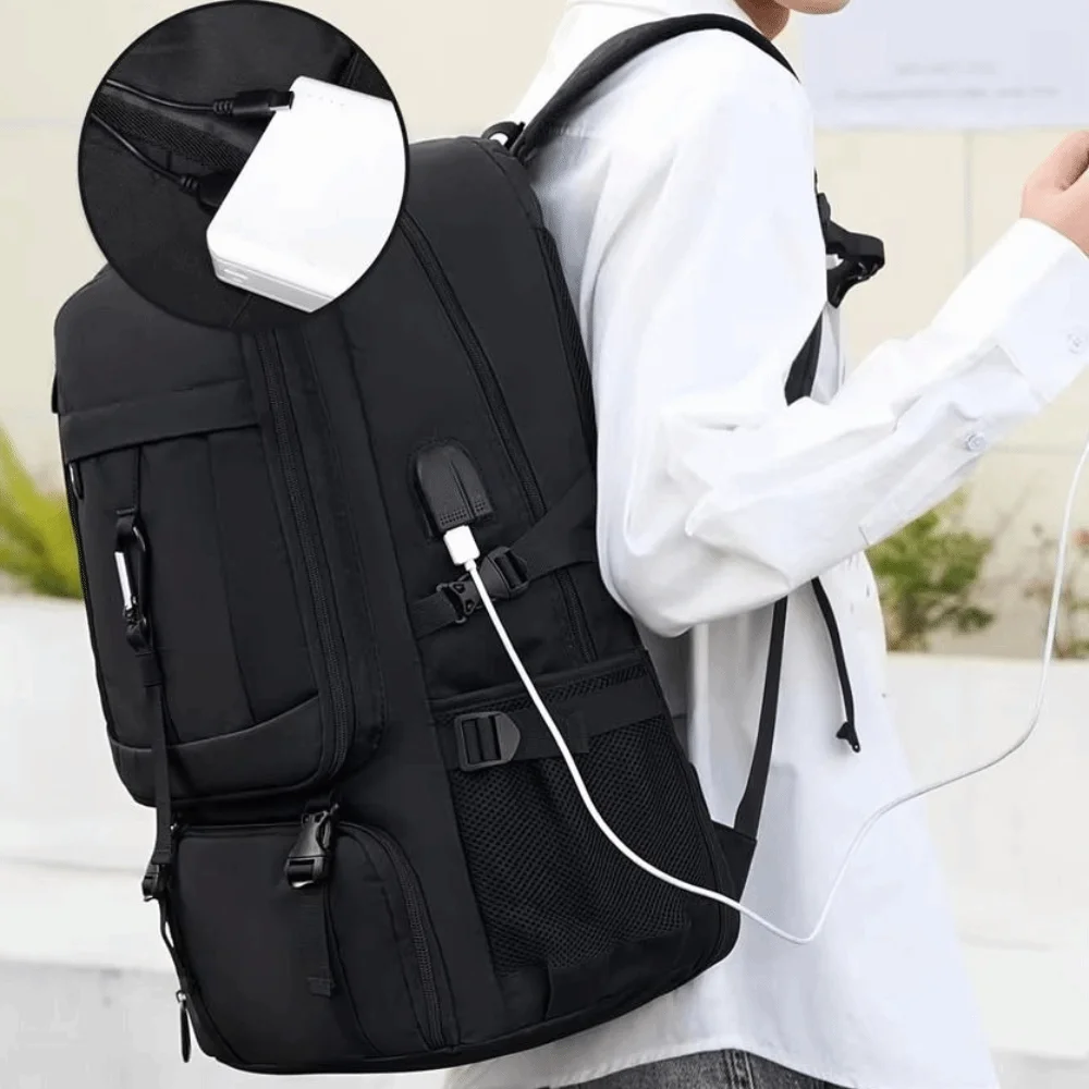 

50L/80L Capacity Travel Backpack Waterproof USB Charging Port School Bag Separate Shoe Compartment Adjustable Straps