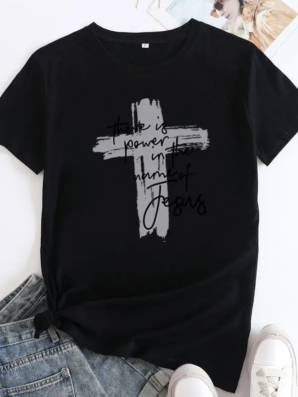 Faith Motivational Graphic Tee Women T-Shirt - A Short-sleeved T-shirt with Inspirational Graphics Featuring the Cross Symbol,