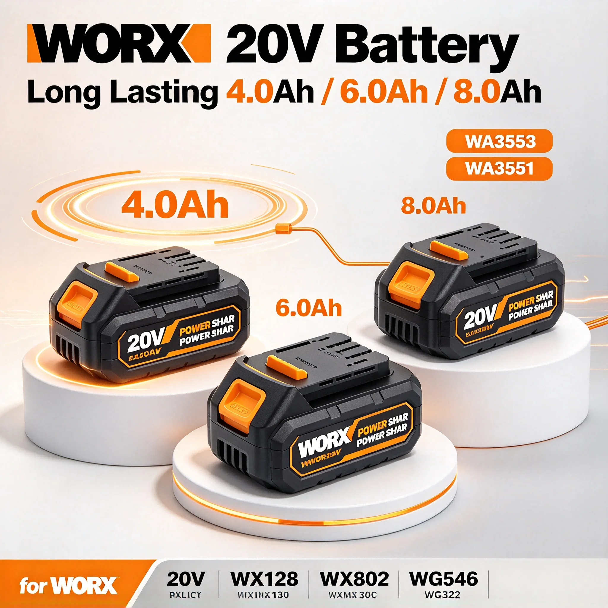 WORX 20V 4.0Ah 6.0Ah 8.0Ah Lithium Ion Battery, Adapted To WA3551 WA3553, High-speed Discharge, for WORX Wireless Power Tools