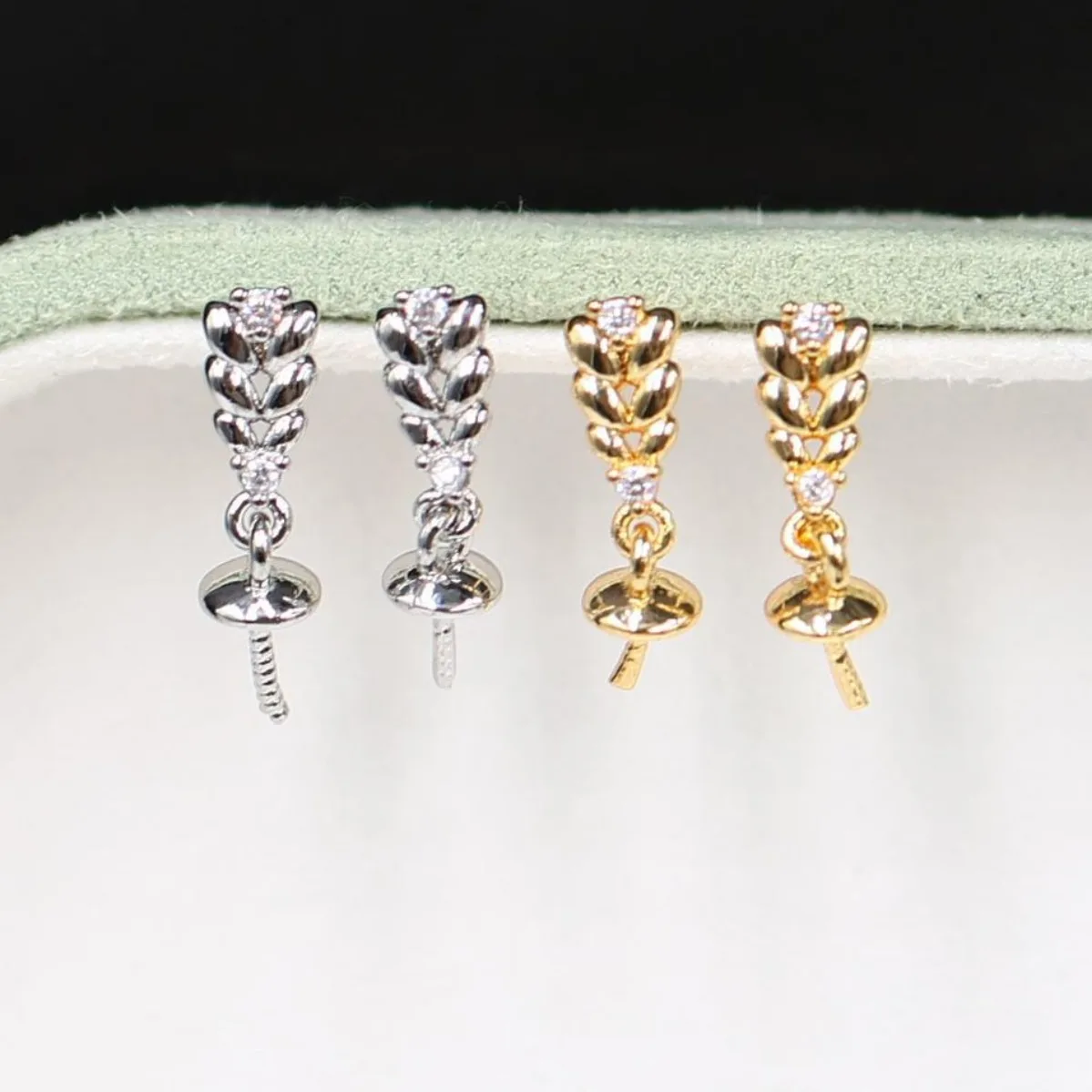 Fresh Wheat Leaf Zircon Pearl Earring Pendant Blank Setting, New Brass Gold Plated Elegant DIY Accessories Fit 8-14mm Pearls