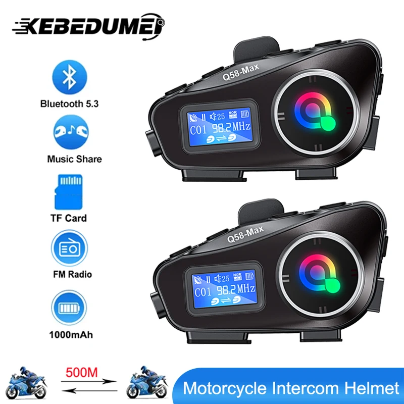 BT5.3 Motorcycle Intercom Helmet Headset For 2 Riders 500M Interphone FM Radio Music Share LCD Display Headphone with flashlight