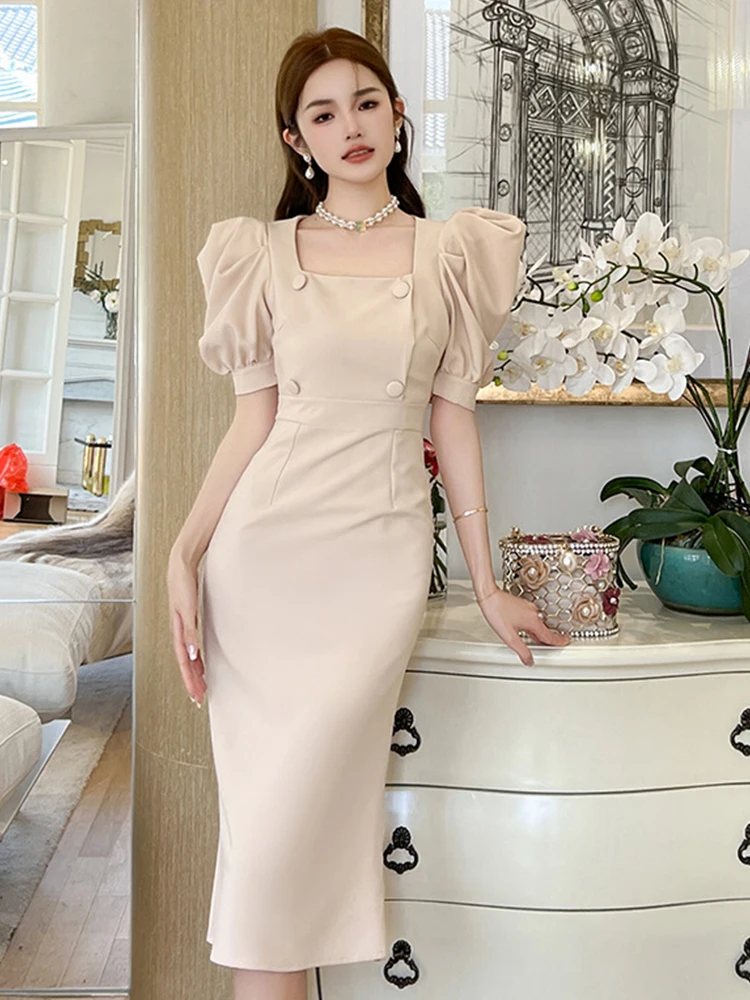 2023 New Korean Elegant Commuter Style Midi Dresses Women Double Breasted High Waist Dress Office Lady Robe Party Vestidos Mujer