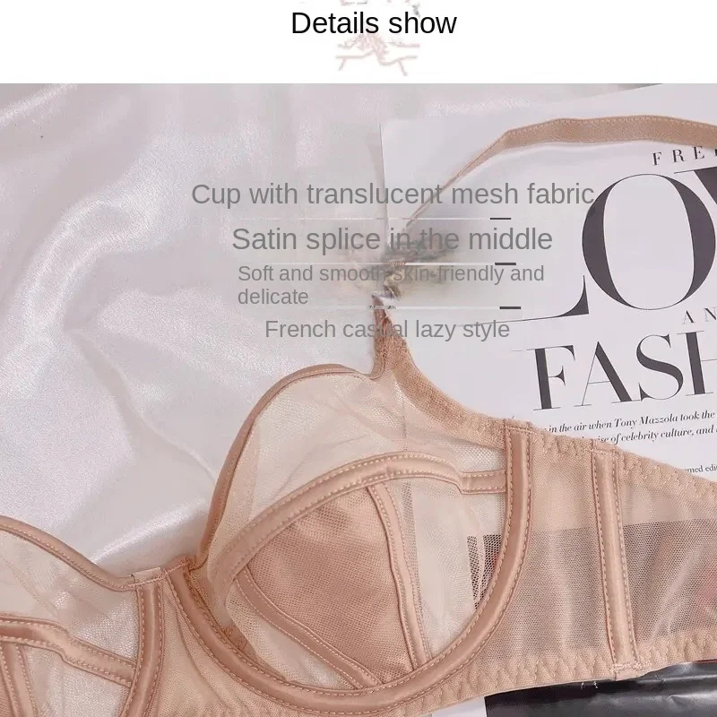 MOYISU Pure Perspective French Ultra-thin Bra Big Chest Small Not Empty Cup Half Cup Bra Sexy Lace Underwear Women Anti-sag Set