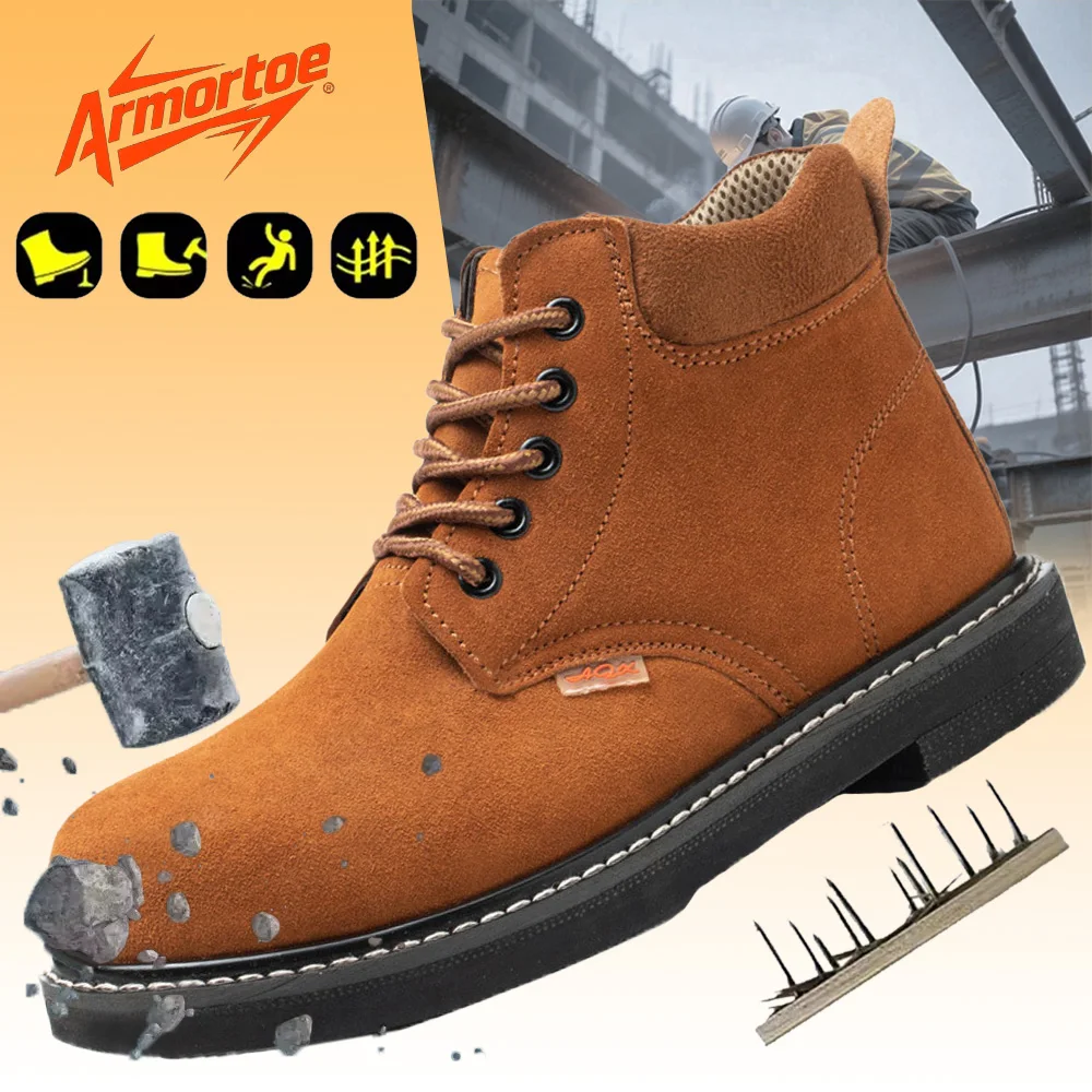

ArmorToe Men's Suede Leather Steel Toe Work Shoes Slip-On Tire Sole Anti-Impact Heat Oil Resistant Welding Safety #Armor2798