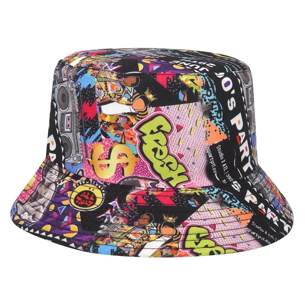 New 80\'s 90\'s Print Summer Sun Protection Bucket Hats for Women Man Fashion Luxury Fisherman Cap Hip Hop Panama Hat Bob Sun Caps