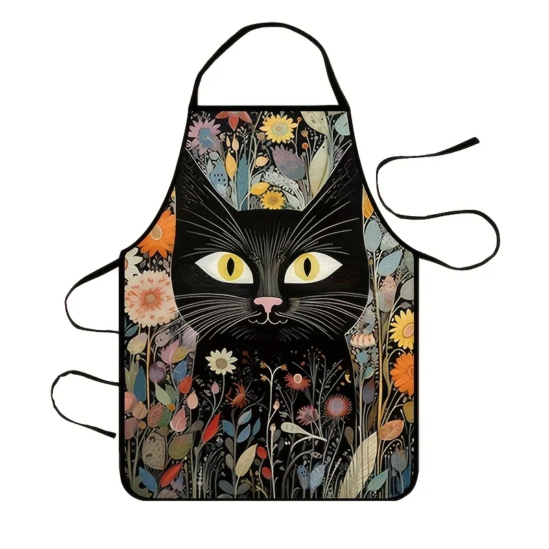 Artistic Black Cat Bright Wildflower Leaf Pattern Waterproof Apron For Family Baking Grilling Pet Cat Owner Home Party Present
