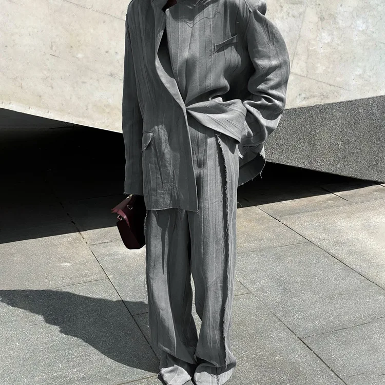 2 Piece Sets Womens Outfits Fashion Loose Gray 2 Piece Sets Women Outfit Elegant Long Sleeve Blazer with High Waist Wide Pants