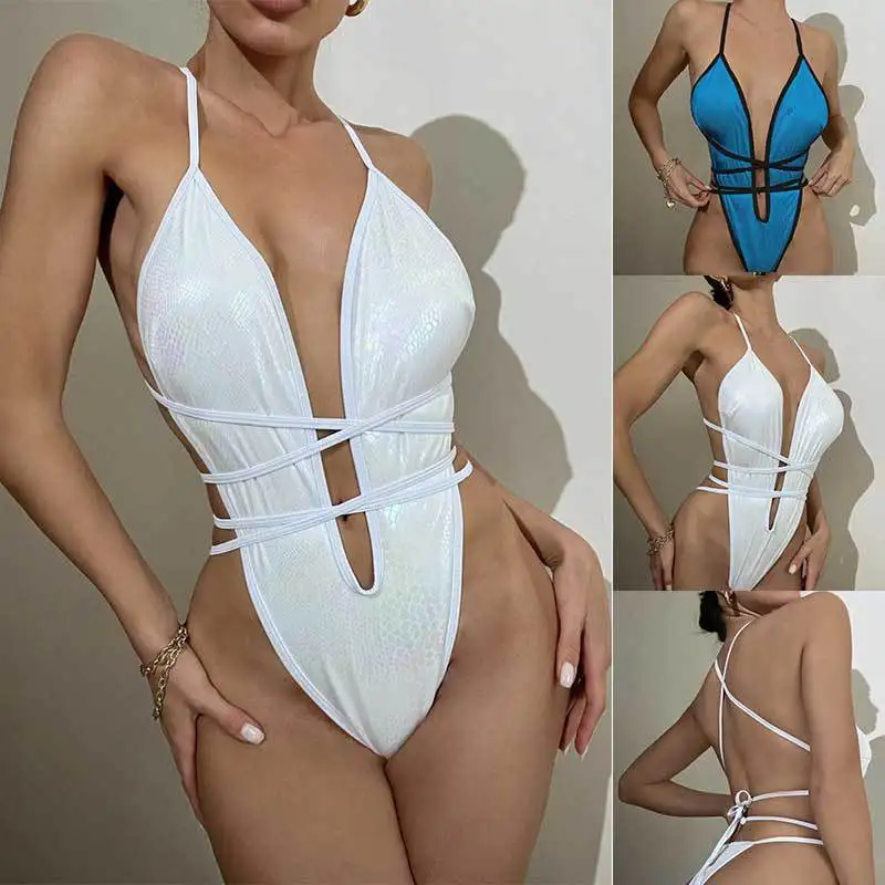 

2024 New Bikini Tie Straps Sexy Backless V-neck Tie Up One Piece Swimsuit Female Monokini Bather Bathing Suit Bikinis Sets