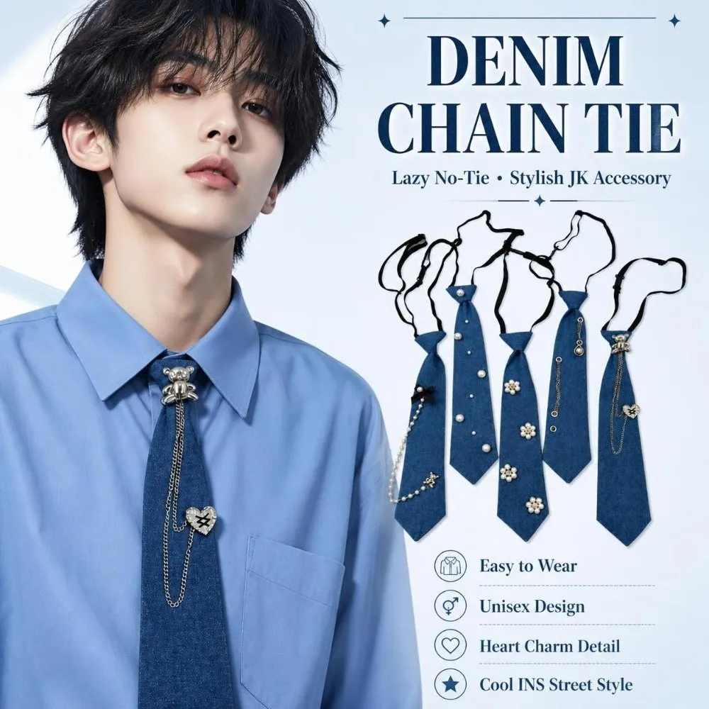 Cowboy Style Denim Pre Tied Necktie with Tassel Beaded Denim Chain Necktie Jewelry Accessories Elastic Strap Denim Pearl Necktie