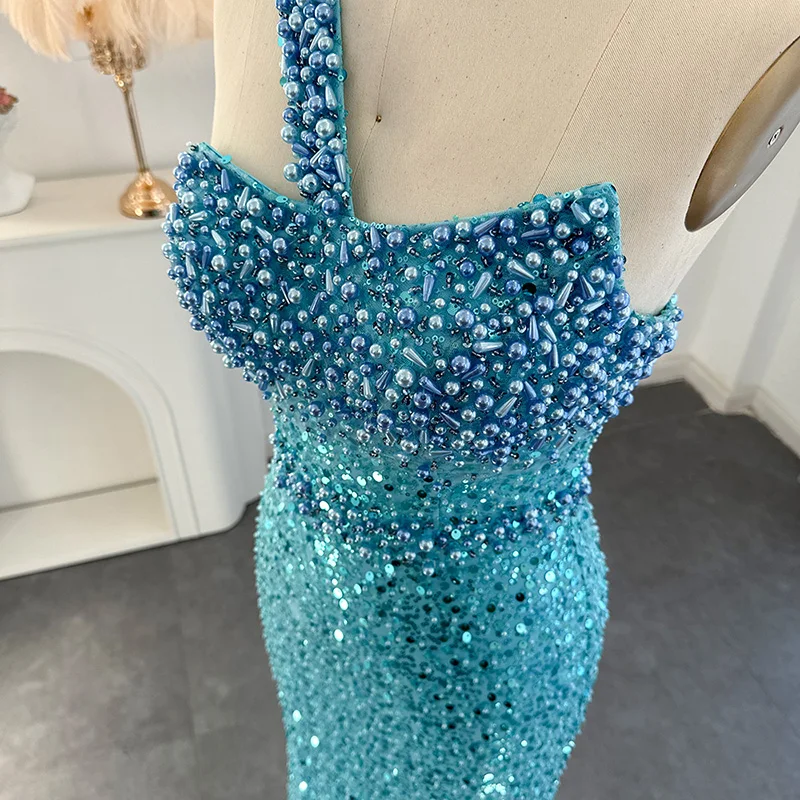 LSCZ113 Fashion Ladies Beading Sleeveless Luxury Dress Strapless Blue Sequin Evening Dress