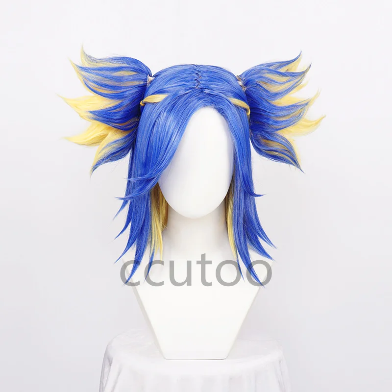 Game Valorant Neon Cosplay Wig Short Blue Yellow Mixed Cosplay Wigs Heat Resistant Synthetic Hair Halloween Role Play