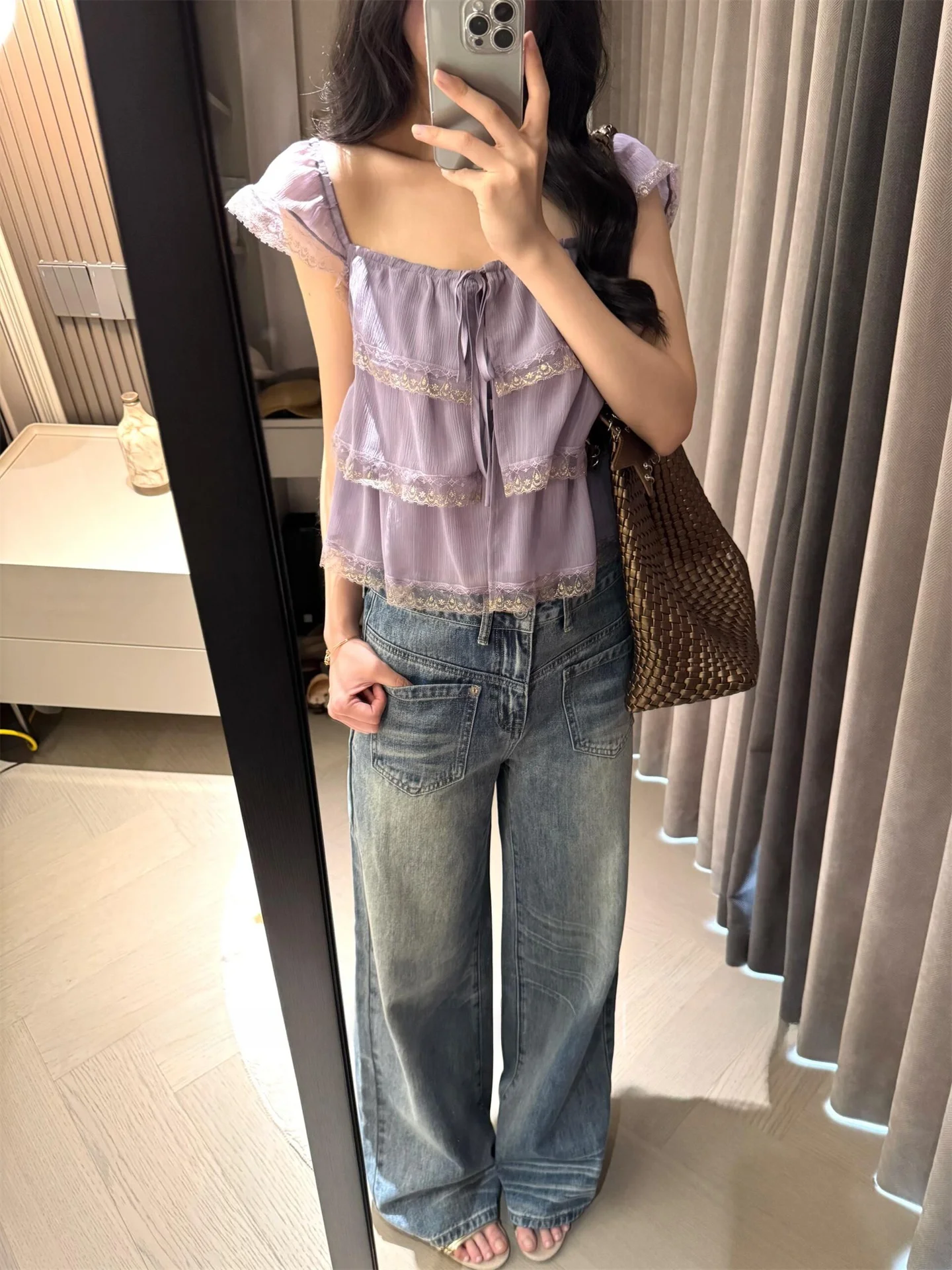 

Korean Style Lace Trim Short Sleeve Shirt Women's Slim Fit Summer Fashionable Casual Shirt Floral Design No Button