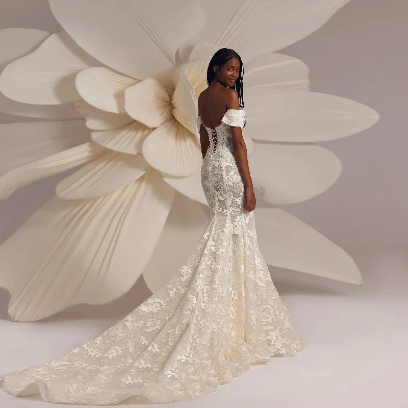 Flavinke カスタマイズされたエレガントなマーメイドレース白のウェディングドレスオフショルダーディープ V ネックコルセット花嫁ドレスvestidos デノビア