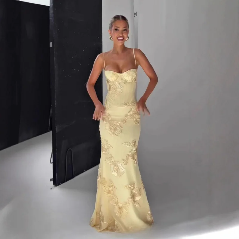 

Elegant Strapless Three-Dimensional Floral Embroidery Mermaid Dress Vacation Long Gown