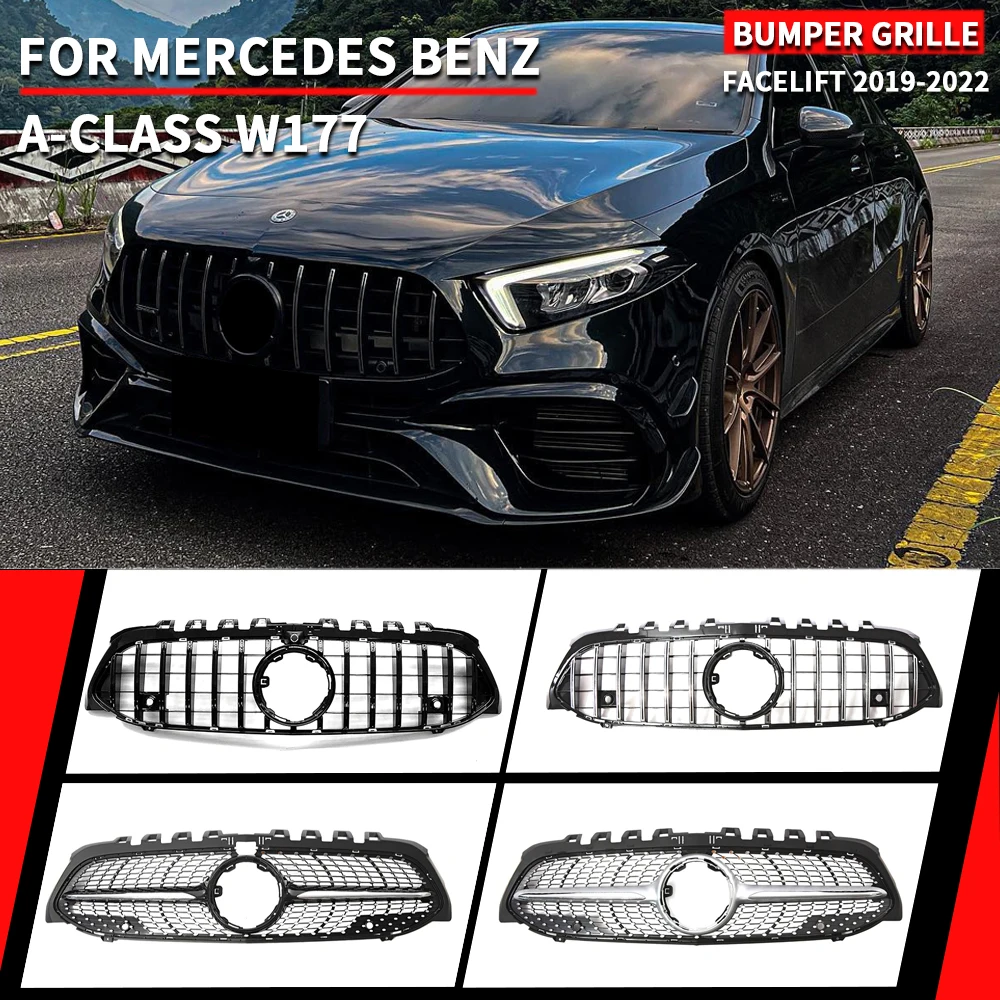 For Mercedes Benz A-Class W177 2019-2022 A200 A220 A250 A35 AMG Chrome Black Diamonds Style Grille Black GTR Front Bumper Grille