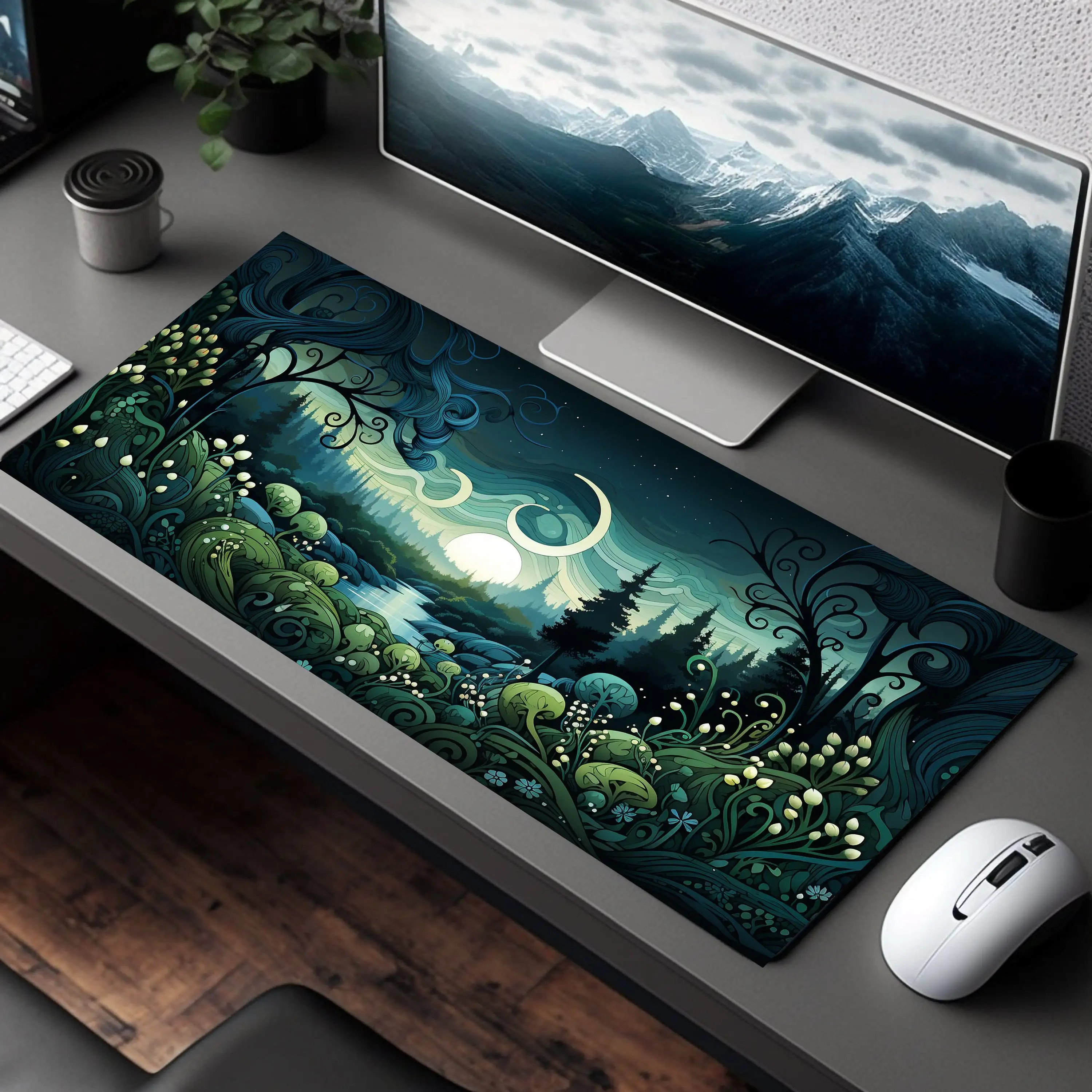 

Большой настольный коврик Quiet Forest Serene, красивый коврик для мыши, зеленый коврик для мыши, настольный коврик с растениями, воображающее украшение офисного стола