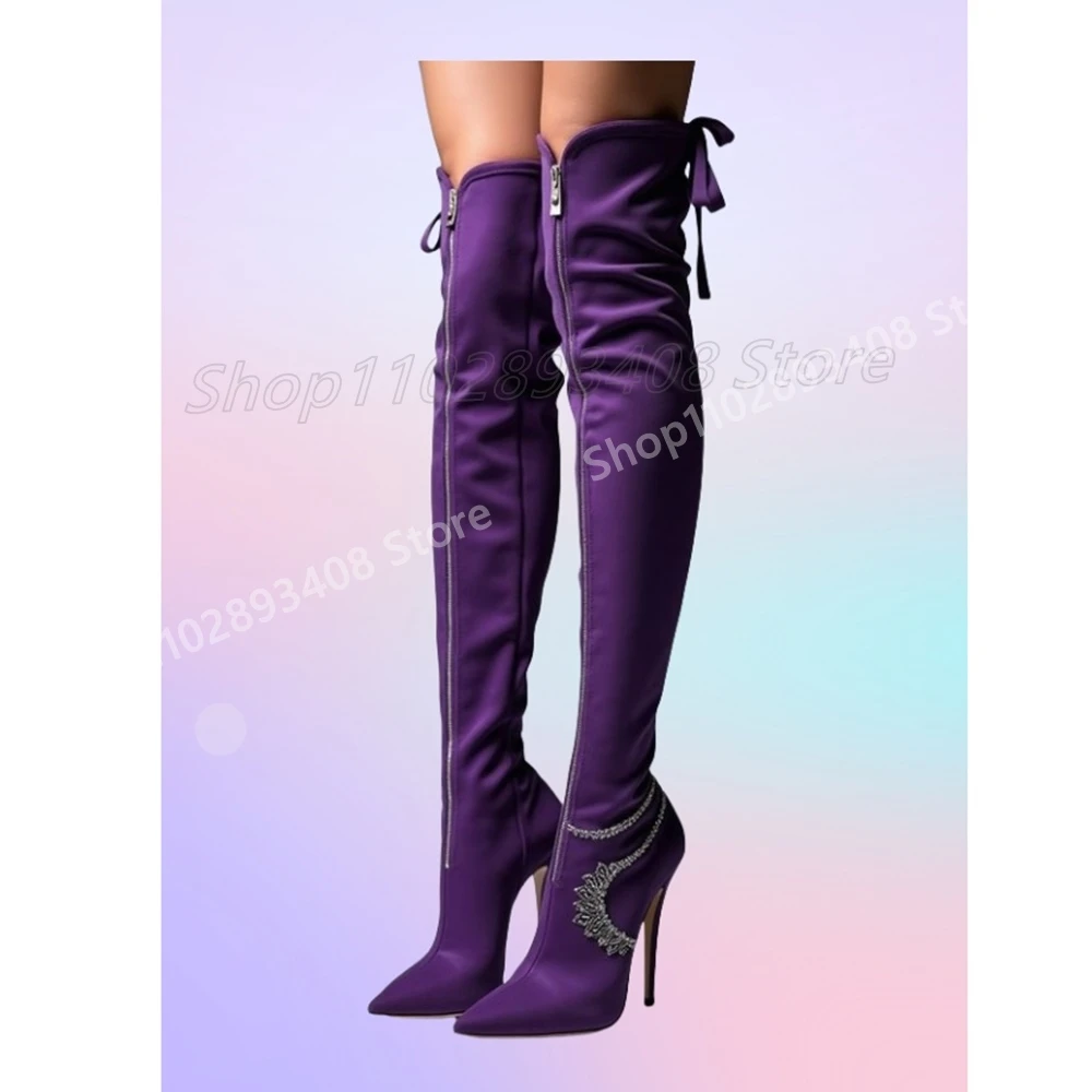 

Purple Front Zipper Elegant Over the Knee Boots Crystal Strappy Stiletto High Heel Pointed Toe Sexy Women Shoes 2025 Para Mujere