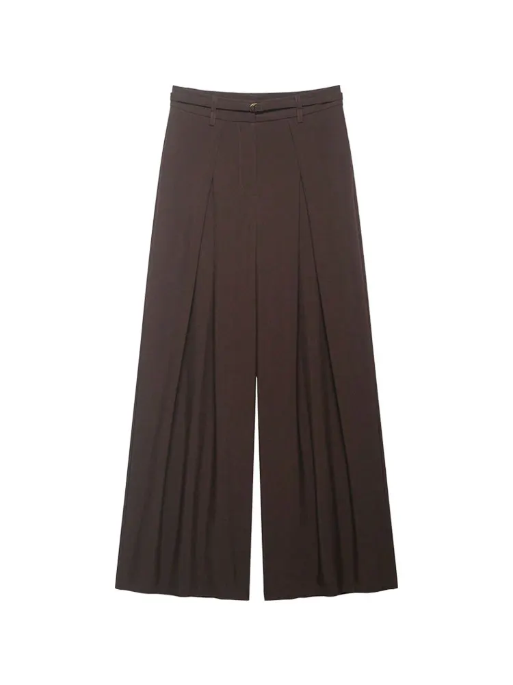Women's Fashion Wide-Leg Pants with Belted Front Darts, Side Pockets, Solid Color Trousers, Suitable for Casual Office Wear