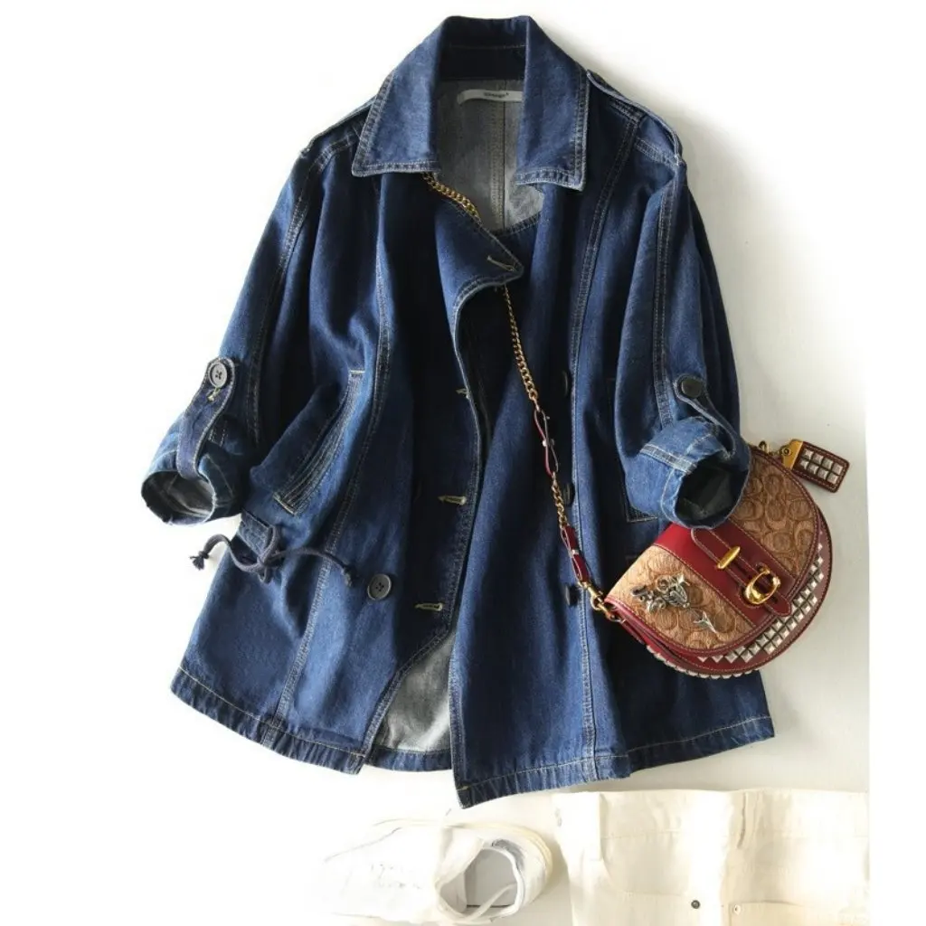 

Xiaoxiao Hange Women's Loose Slimming Denim Jacket Two-Wear Sleeve Cape Casual Lace-Up Style Fashionable Autumn Clothing