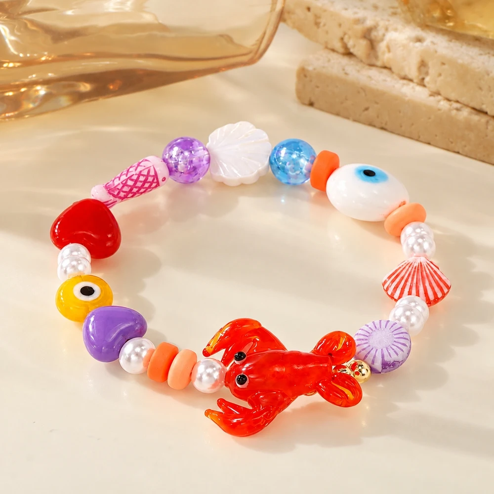1pc Colorful Cute Glass Beaded Strand Bracelet with Crab Shell Fish Heart and Evil Eye Animal Charms for Women