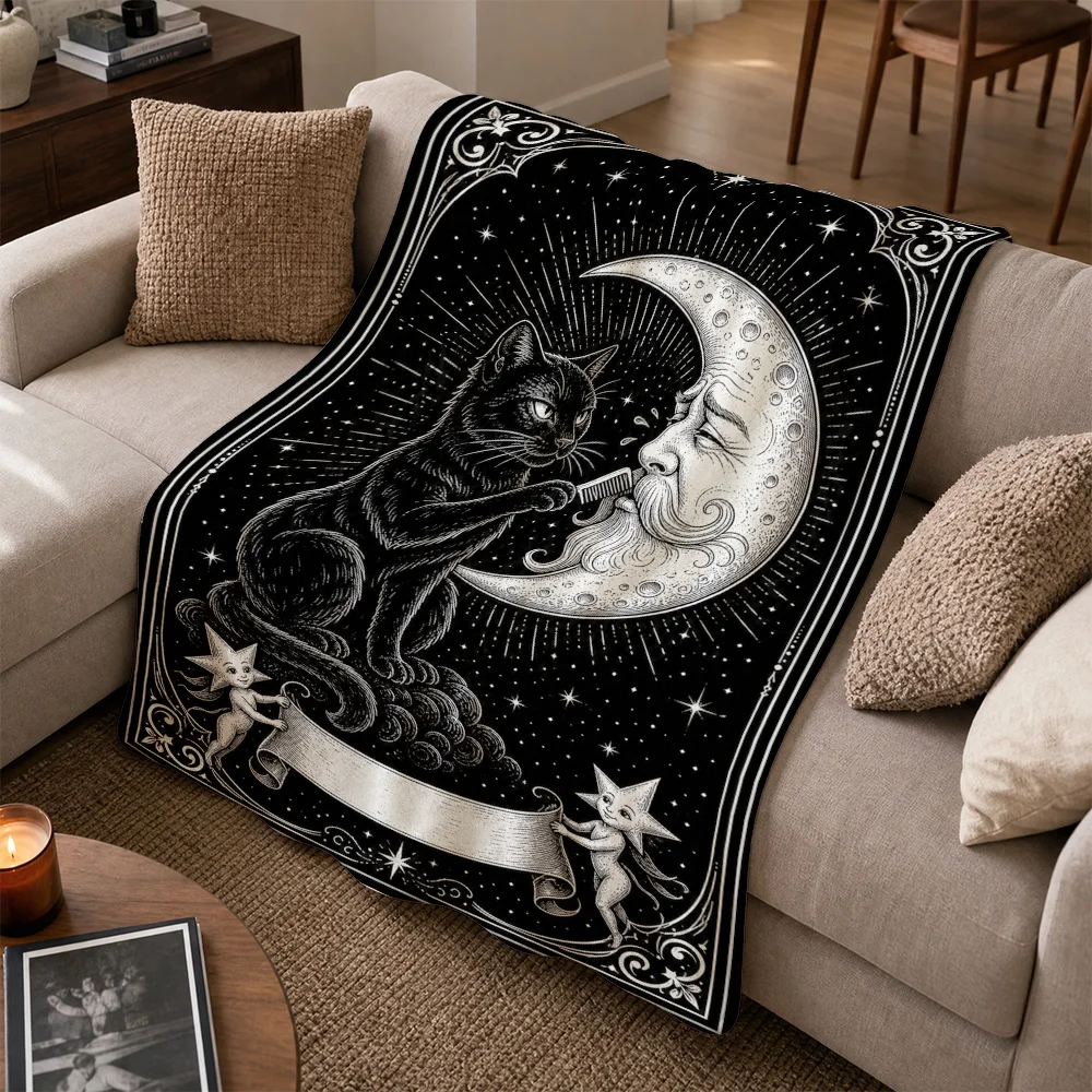 Celestial Moon Cat Throw Blanket Tapestry Boho Chic Witchy Cosmic Sofa Decor Wall Accent Throw for Living Room Gothic Style Gift