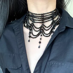 High-end niche unique black beaded crystal tassel necklace