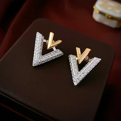 RAKOL French New Design Fashion Jewelry 14K Gold Plated Luxury Zircon Letter V Earrings Elegant Women's Evening Party Accessory